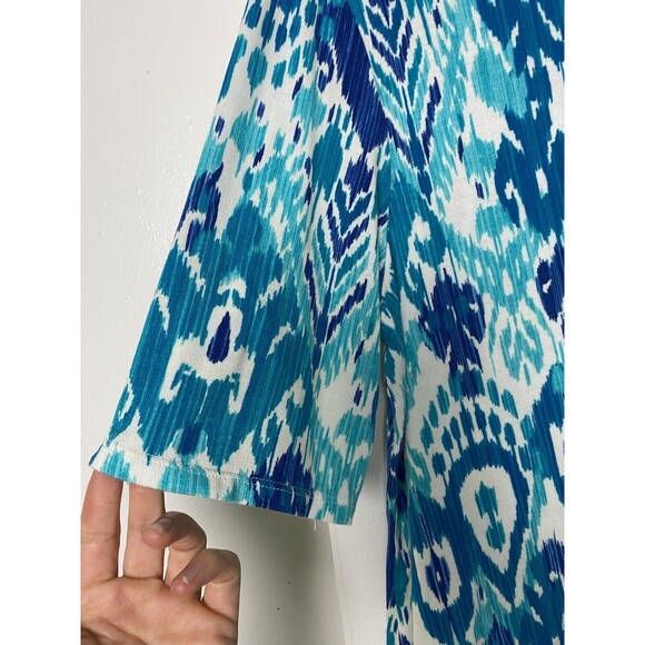 Chico's Pullover Top Blouse Blue Short Sleeves Asymmetric Embroidered hem Size 1 - Picture 12 of 12